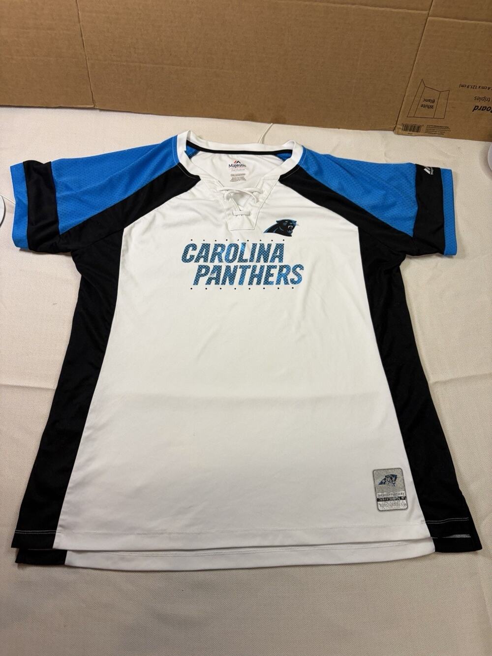 Majestic Carolina Panthers Women’s XXL Lace Up Jersey Shirt White Blue Stretchy